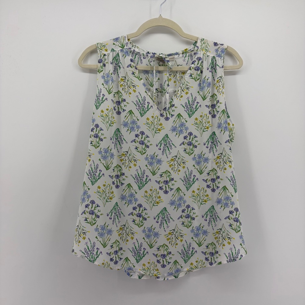 LOFT Womens Medium White Floral Sleeveless V-Neck Tie Back Mixed Media Blouse